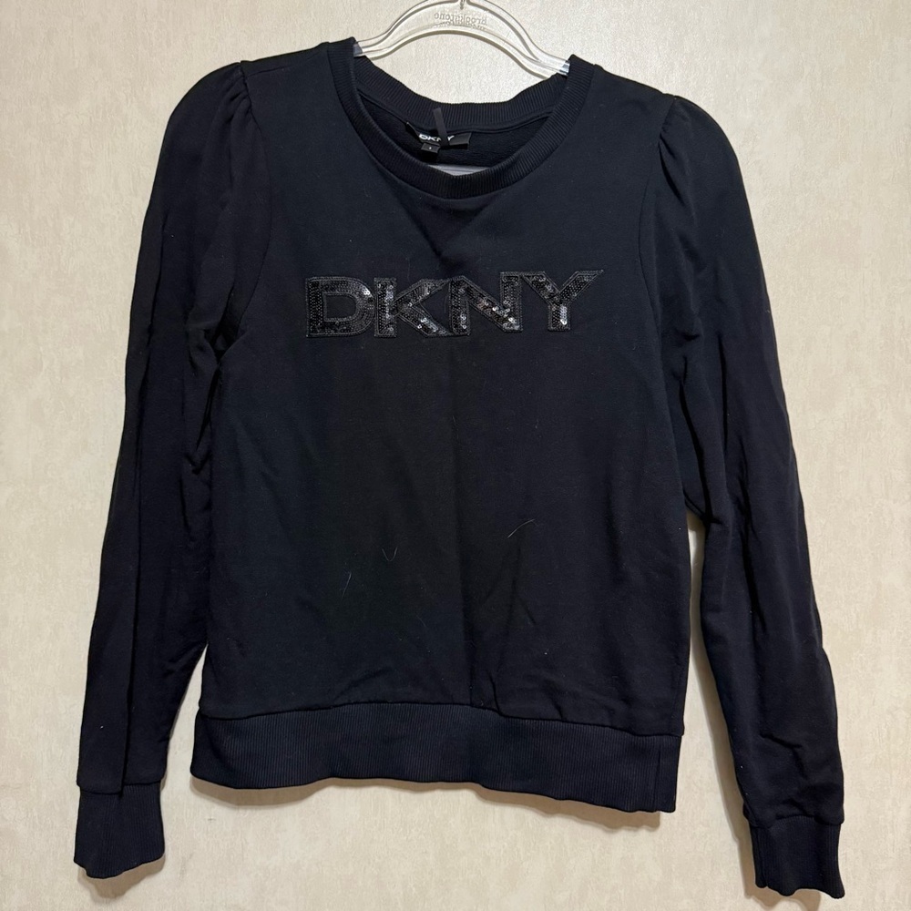 DKNY Black Sequin Logo Cotton Puff Sleeve Sweatshirt